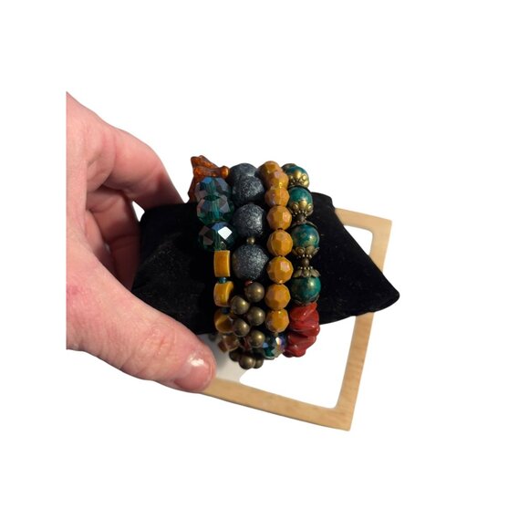 Colorful Multicolor Beaded Elastic Bracelet Set With Turquoise Red Amber & Yello - Picture 12 of 13